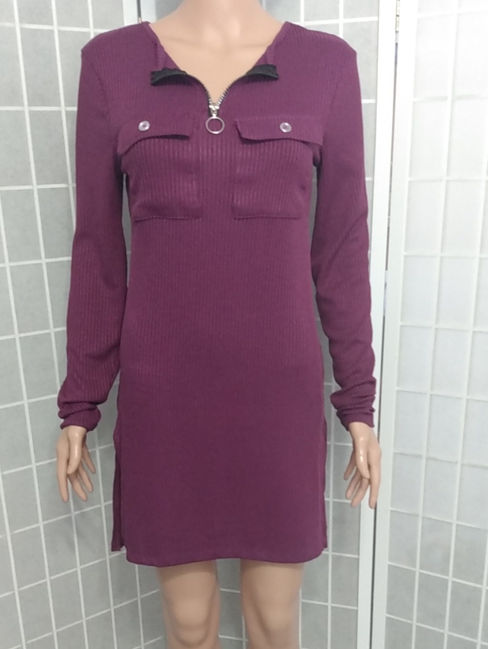 Love Bodycon Ribbed Long-Sleeve Zip Front Dress in Plum- Women's XL
